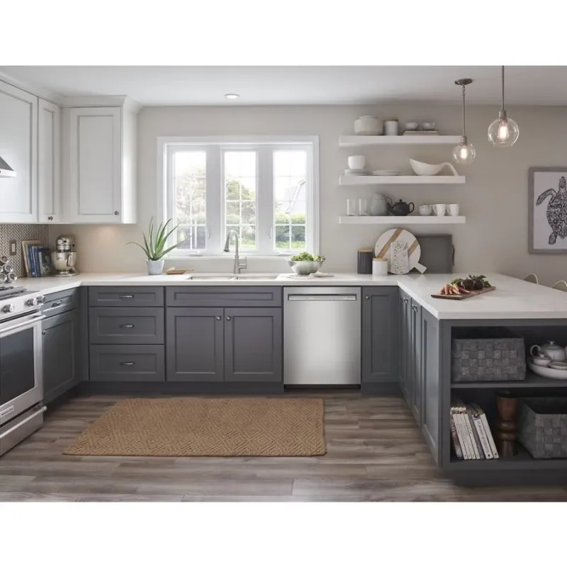 A quiet Kitchen Aid dishwasher inside a kitchen.